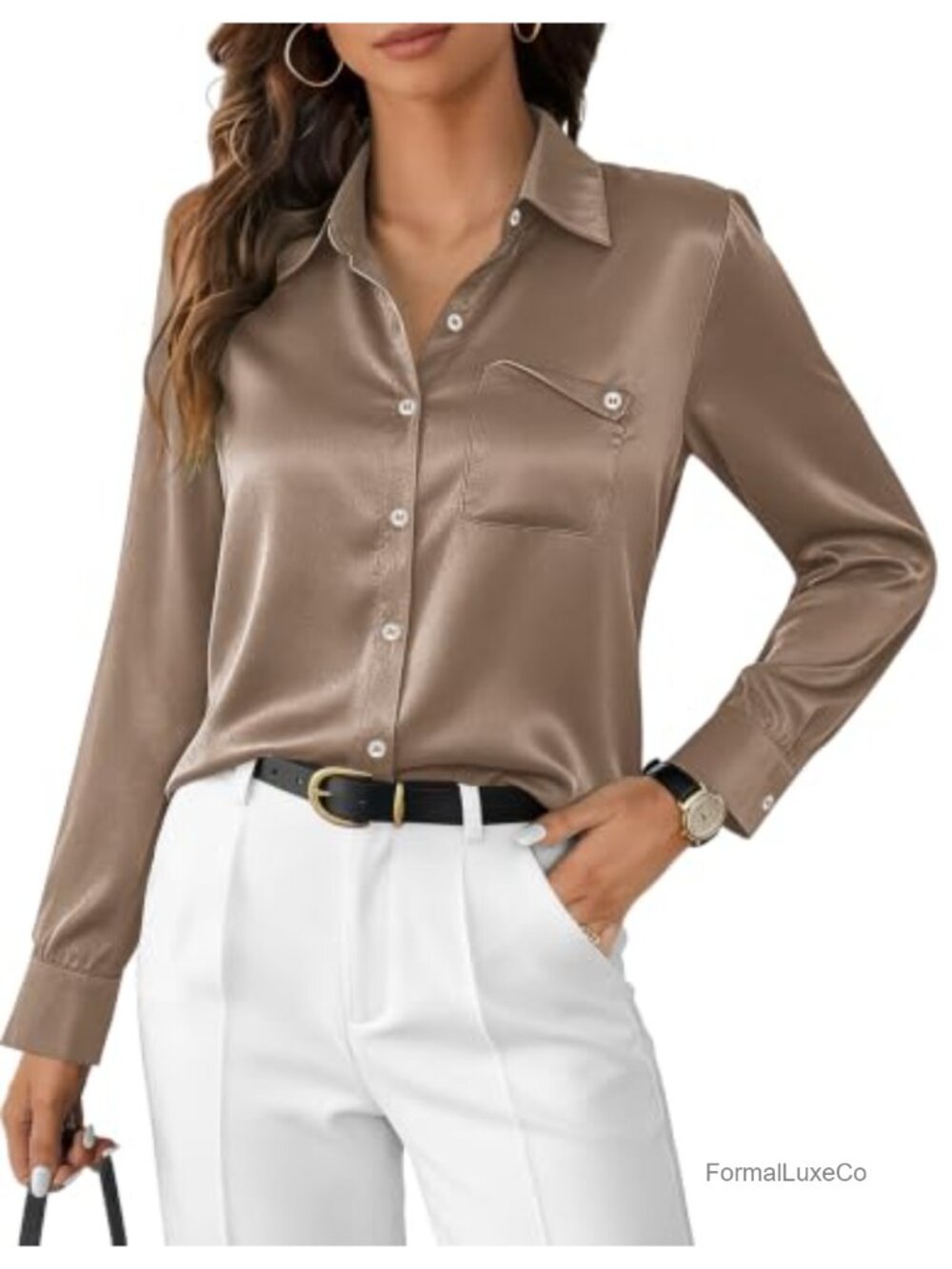 Womens Satin Button Down Shirt Long Sleeve Dressy Casual Blouse